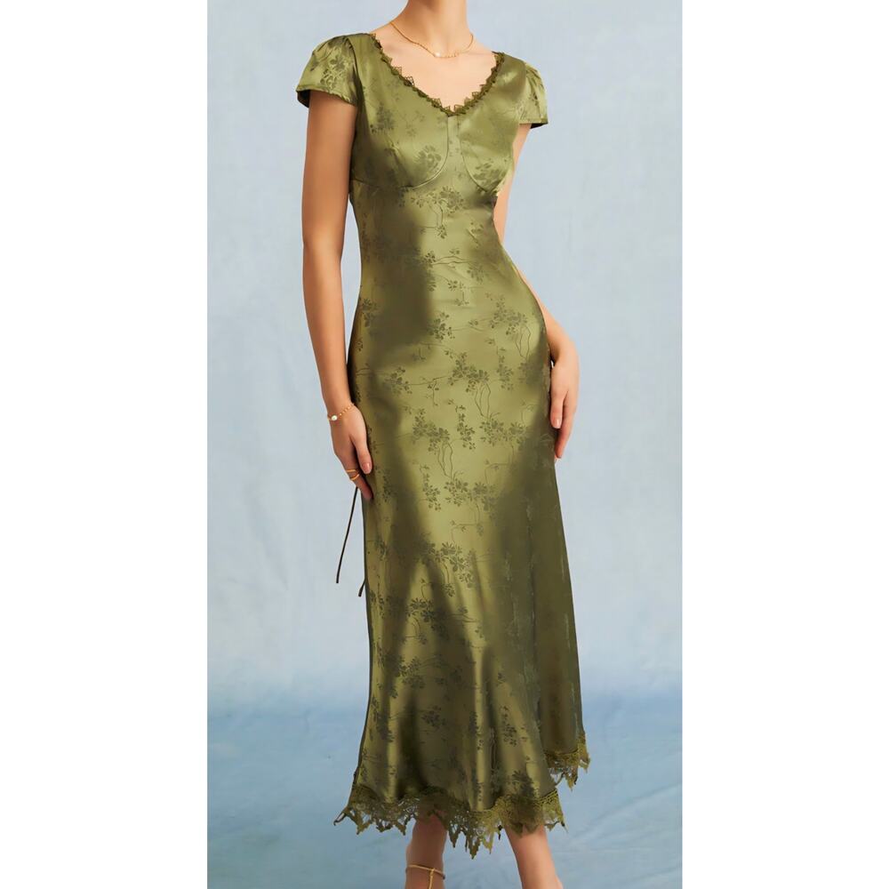Rihoas Green Jacquard Satin Lace Up Midi Dress Cottagecore Whimsigoth Lace XS.